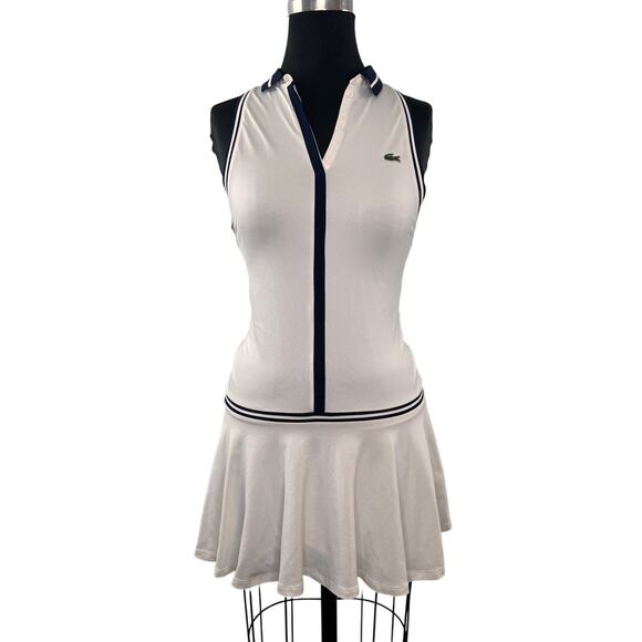 LACOSTE White Navy Blue Stripe Down Tennis Quick Dry Tennis Golf Dress 34 RARE - Picture 1 of 8